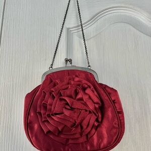 Red Satin small Rosette Evening Bag w/ Chain Strap Floral Ruffle Purse